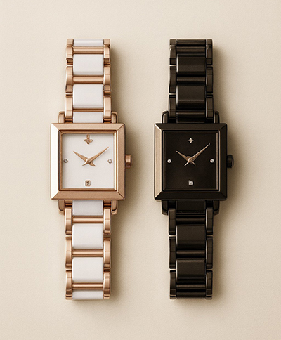玫瑰金 x 白陶瓷、黑PVD x 陶瓷 方形女錶(雙色)